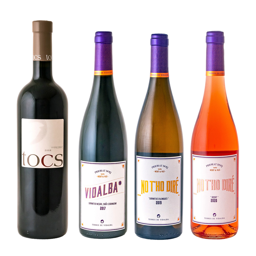 Selecció "ADN Priorat" que inclou 1 ampolla de vi negre TOCS i 1 de Vidalba, 1 de vi blanc No t'ho diré i una de vi rosat No t'ho diré.