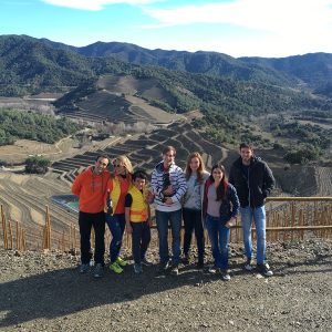Grup de persones des del mirador de Terres de Vidalba gaudint de l'activitat d'enoturisme Tast entre vinyes